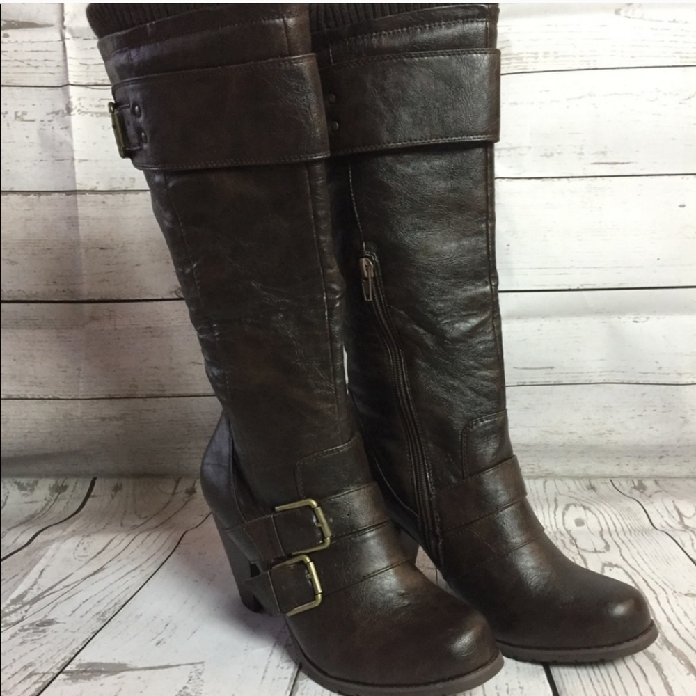 Mid Calf Length Belt Buckle Knitted High Heel Boot